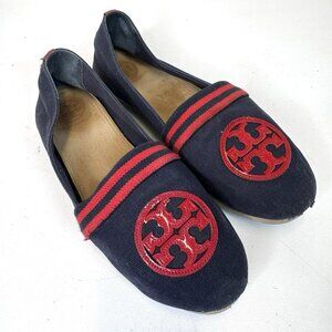 Tory Burch Canvas Flats Slip On Shoes Womens Size 9 Navy Blue Red Nautical